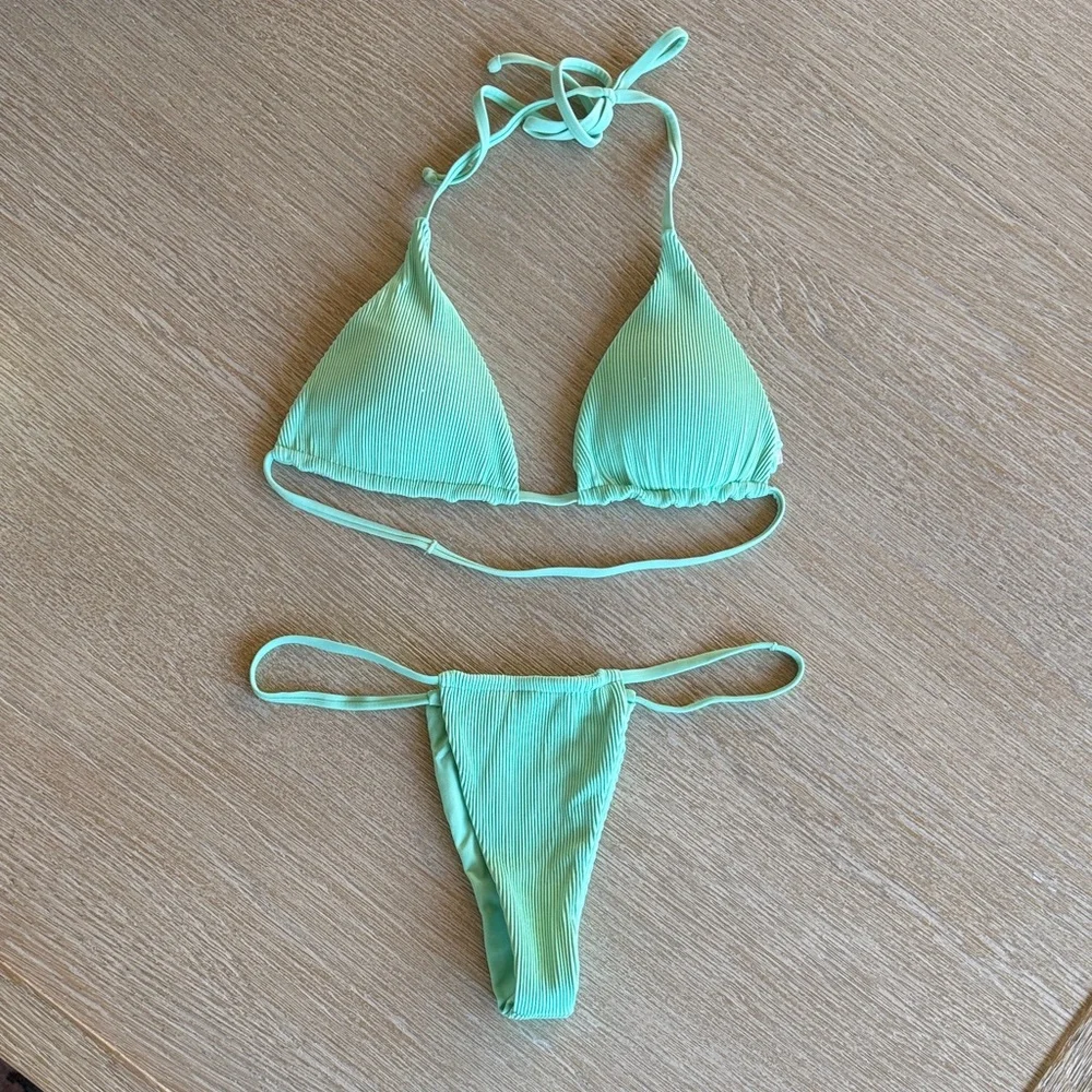 Mint Ribbed Triangle Bikini Set - Picture 1 of 4